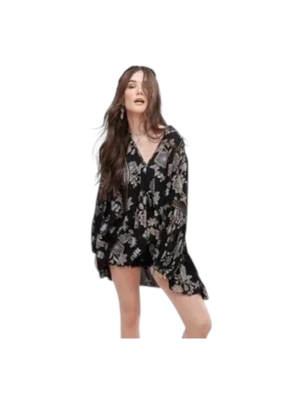 Free People Just The Two Of Us Floral Boho Tunic Top Black Oversized Small